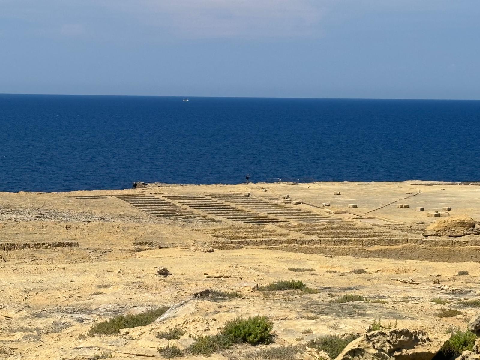 Perfect parallel rows of crystallization salt beds tracking down toward the coastline