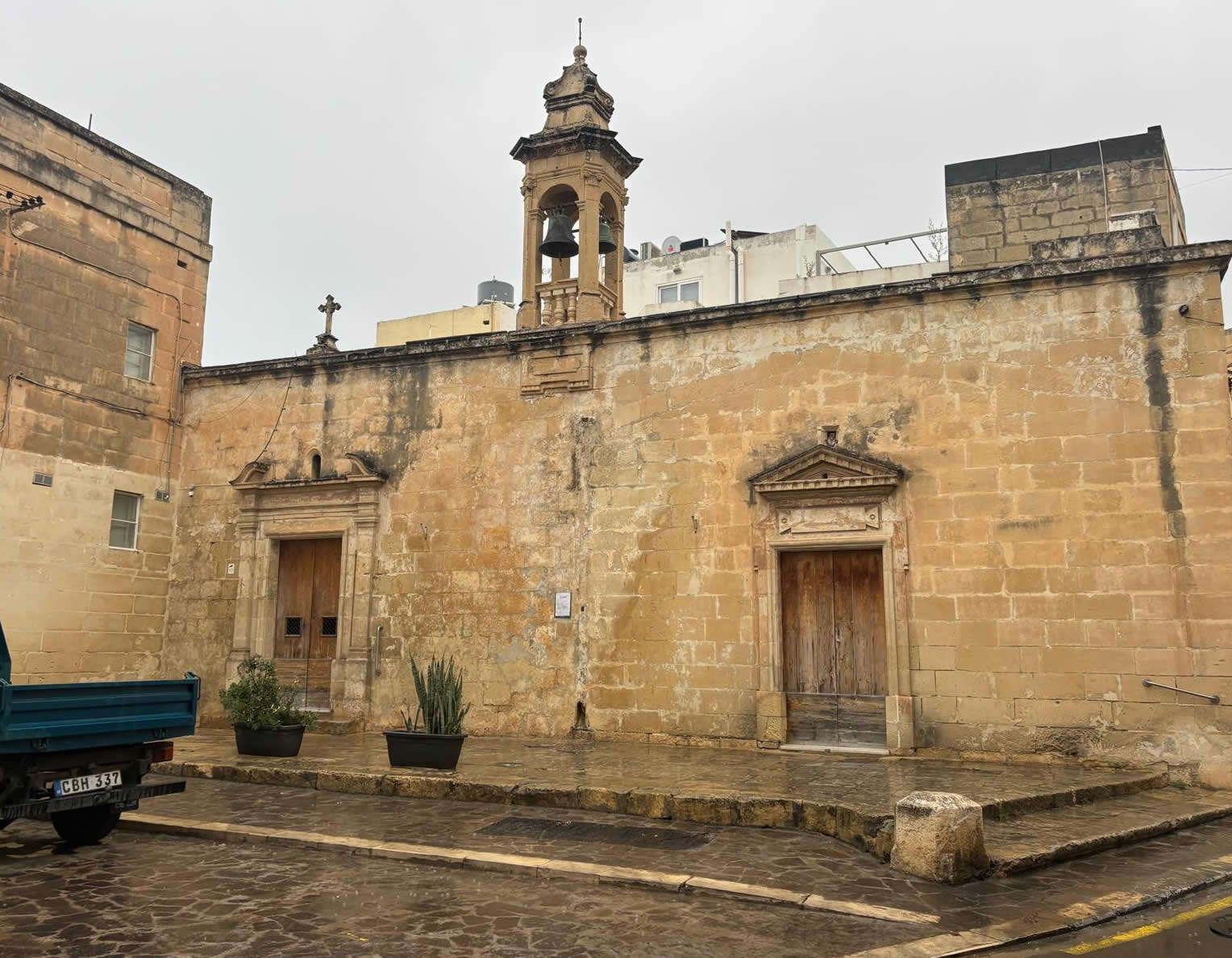 The front street facade of the Chapel of Saint Mary Tal-Ftajjar in Triq il-Karmnu Luqa Malta showing its twin layout with the adjoining chapel