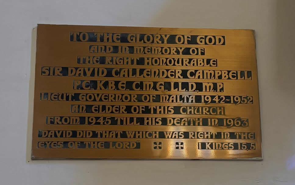 Sir David Callender Campbell memorial plaque inside St Andrew’s Scots Church Valletta