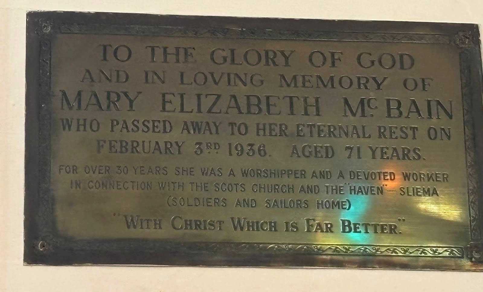 Mary Elizabeth McBain memorial plaque inside St Andrew’s Scots Church Valletta