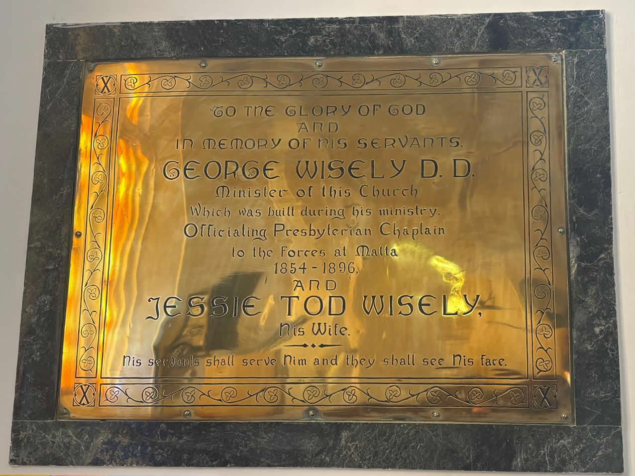 George Wisely D.D. memorial plaque inside St Andrew’s Scots Church Valletta