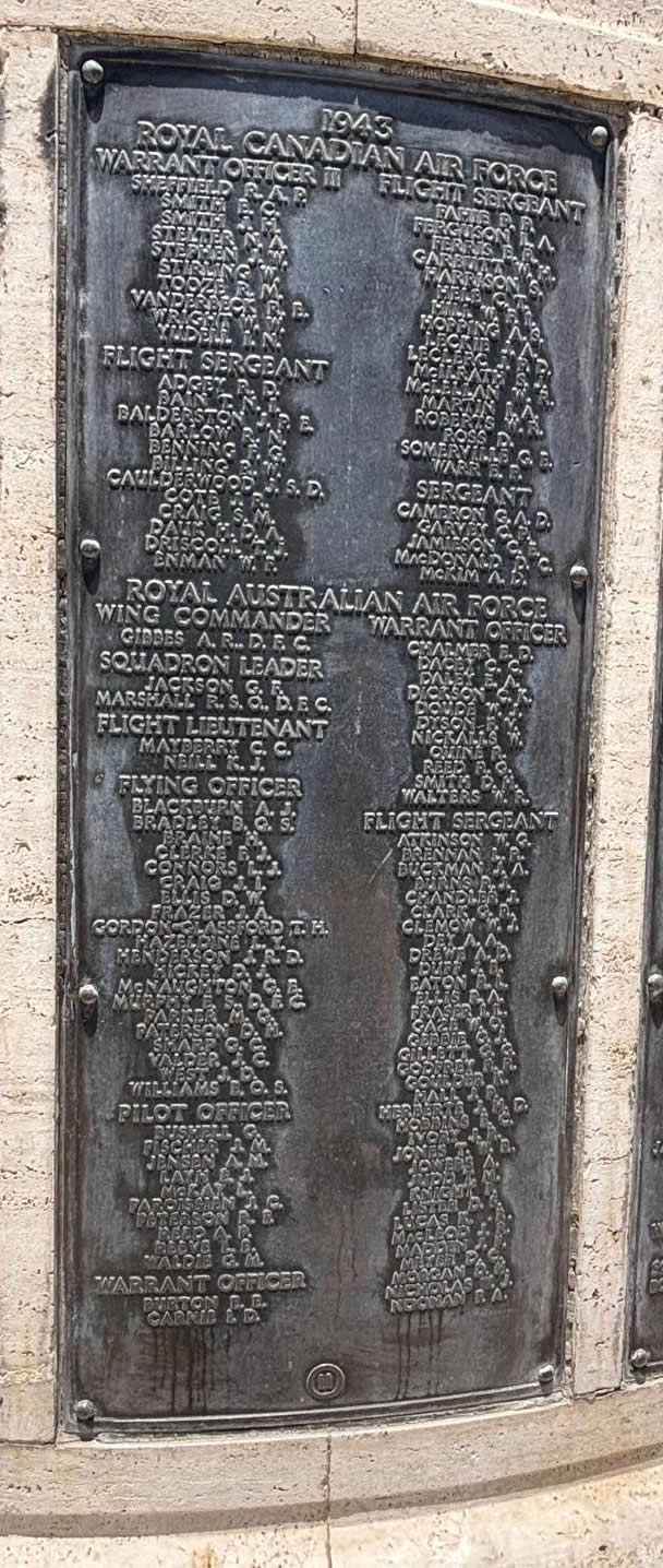 Malta Memorial Bronze Plaque Panel 11 detailing 1943 RCAF and RAAF casualties