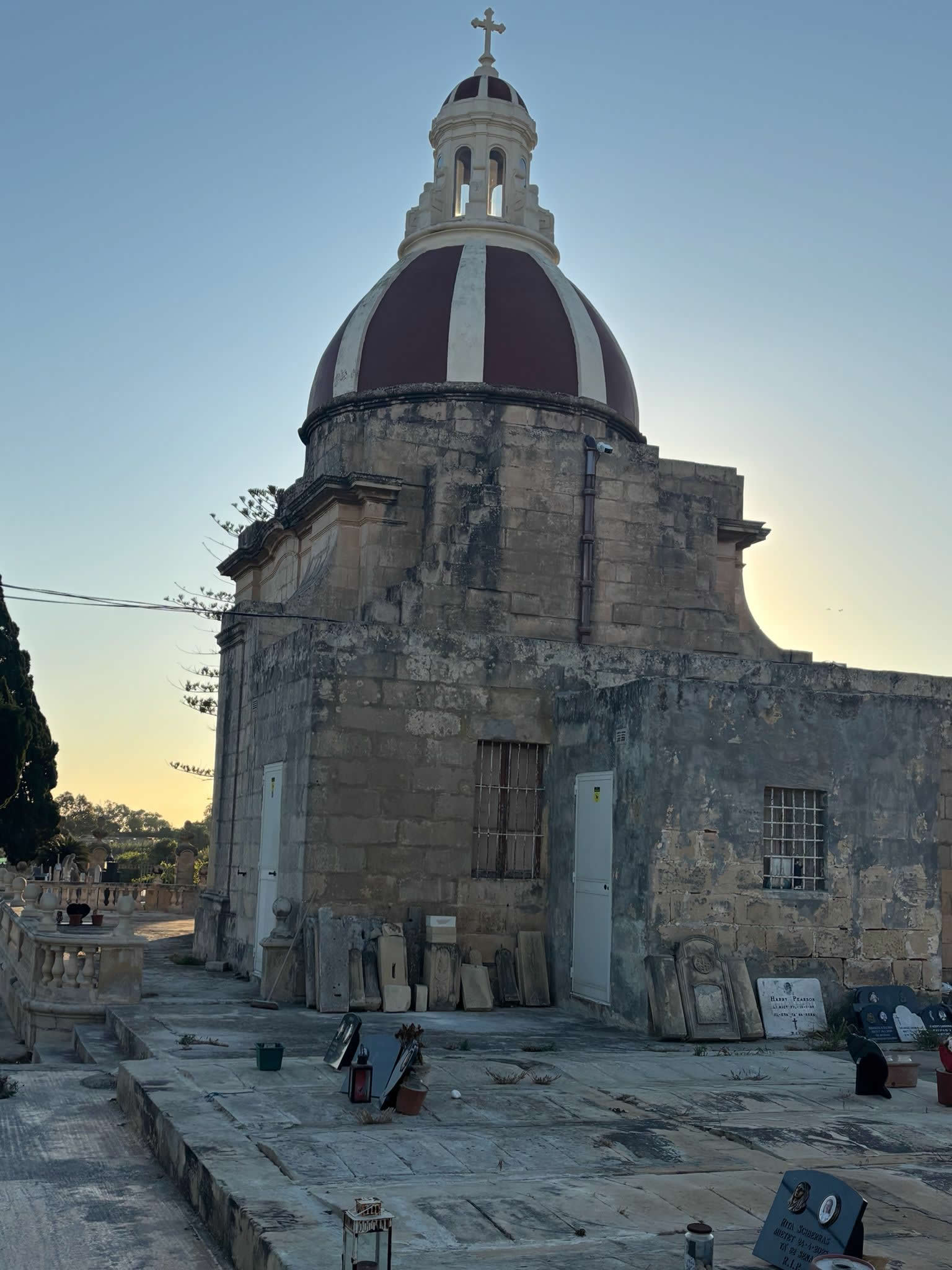 Historic entrance and funerary architecture at Luqa Cemetery in Luqa Malta