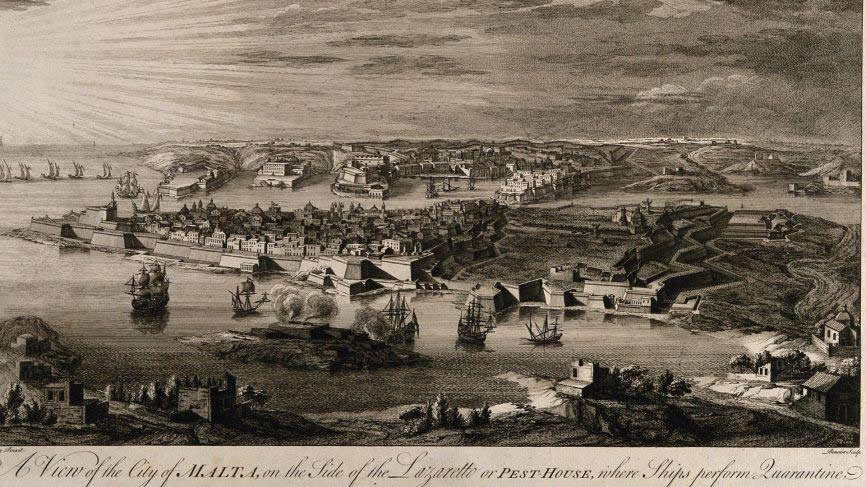 Historic engraving of Malta’s harbour and early quarantine Lazaretto system during plague-era control measures