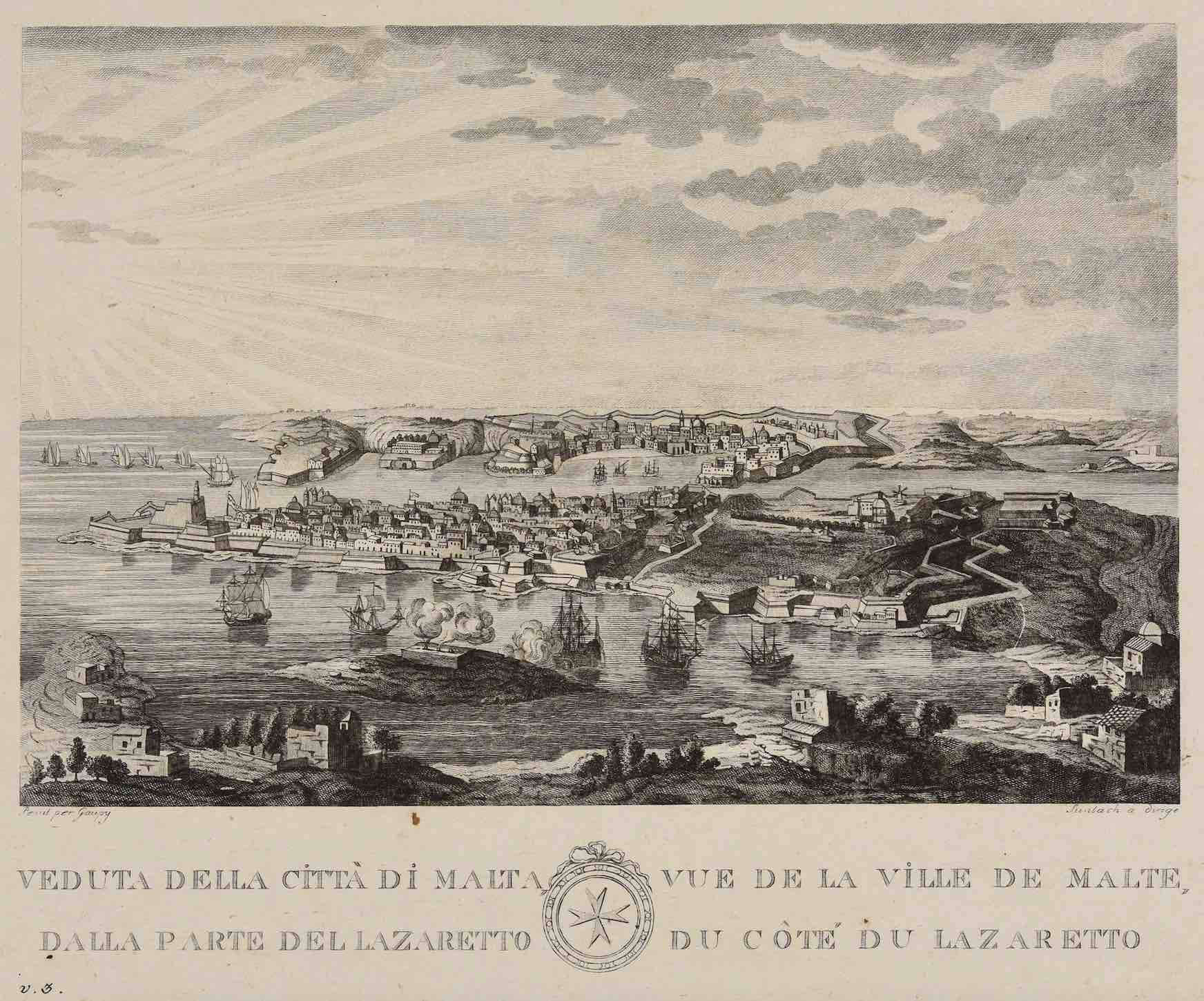 Historic engraving of Malta’s harbour and early quarantine Lazaretto system during plague-era control measures
