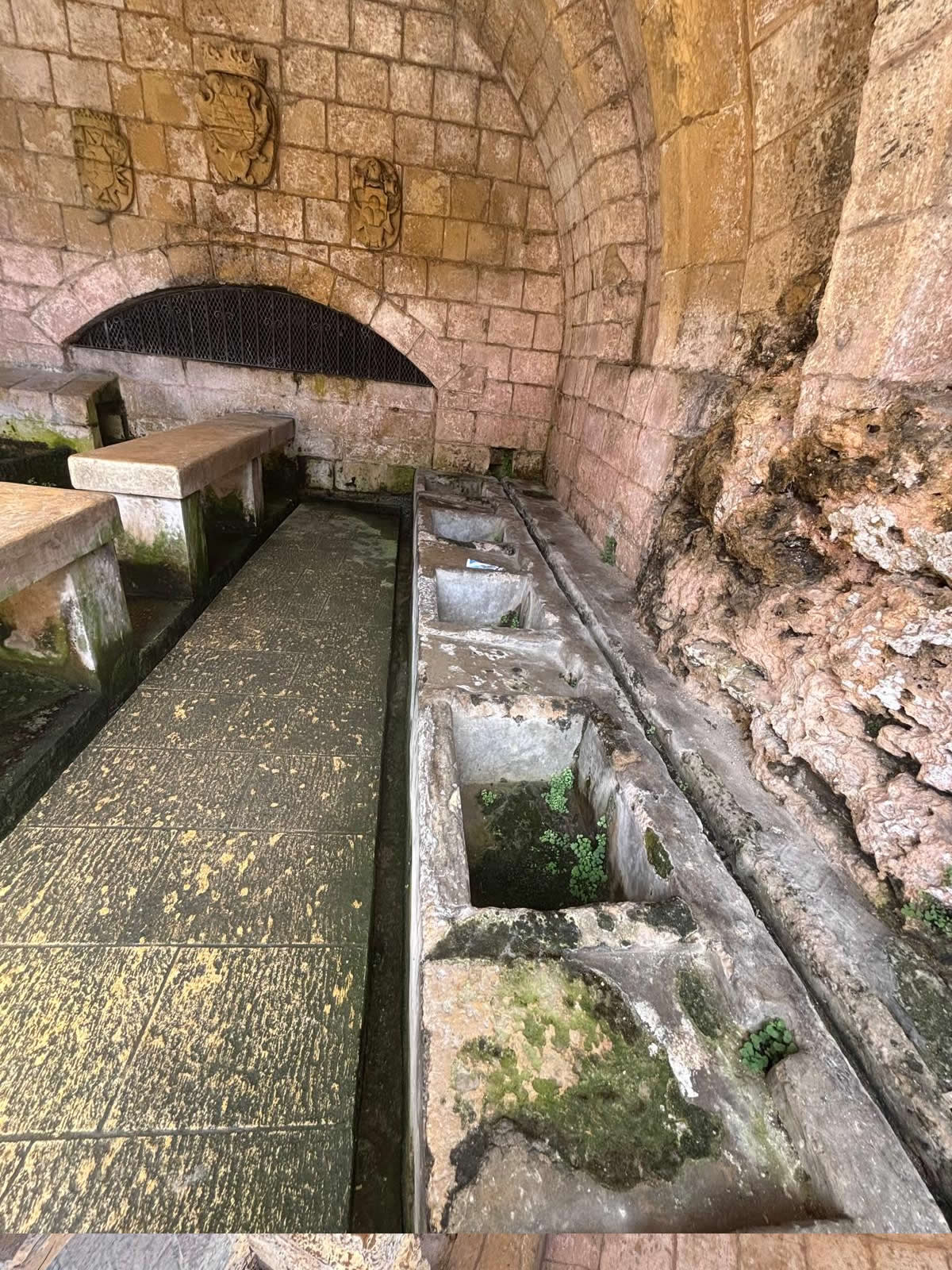 A long linear row of individual stone washing troughs known as hugieg with moss growing inside the fontana wash house