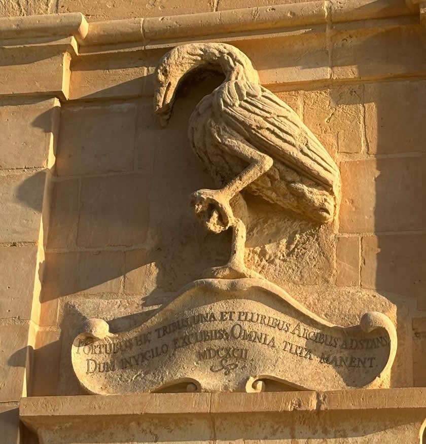 The Vigilant Crane high-relief stone carving on the Gardjola sentry box overlooking the Grand Harbour in Senglea Malta