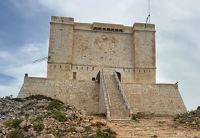 St Mary's Wignacourt Tower on Comino Island, Malta, historic coastal watchtower built by the Knights of St John in 1618