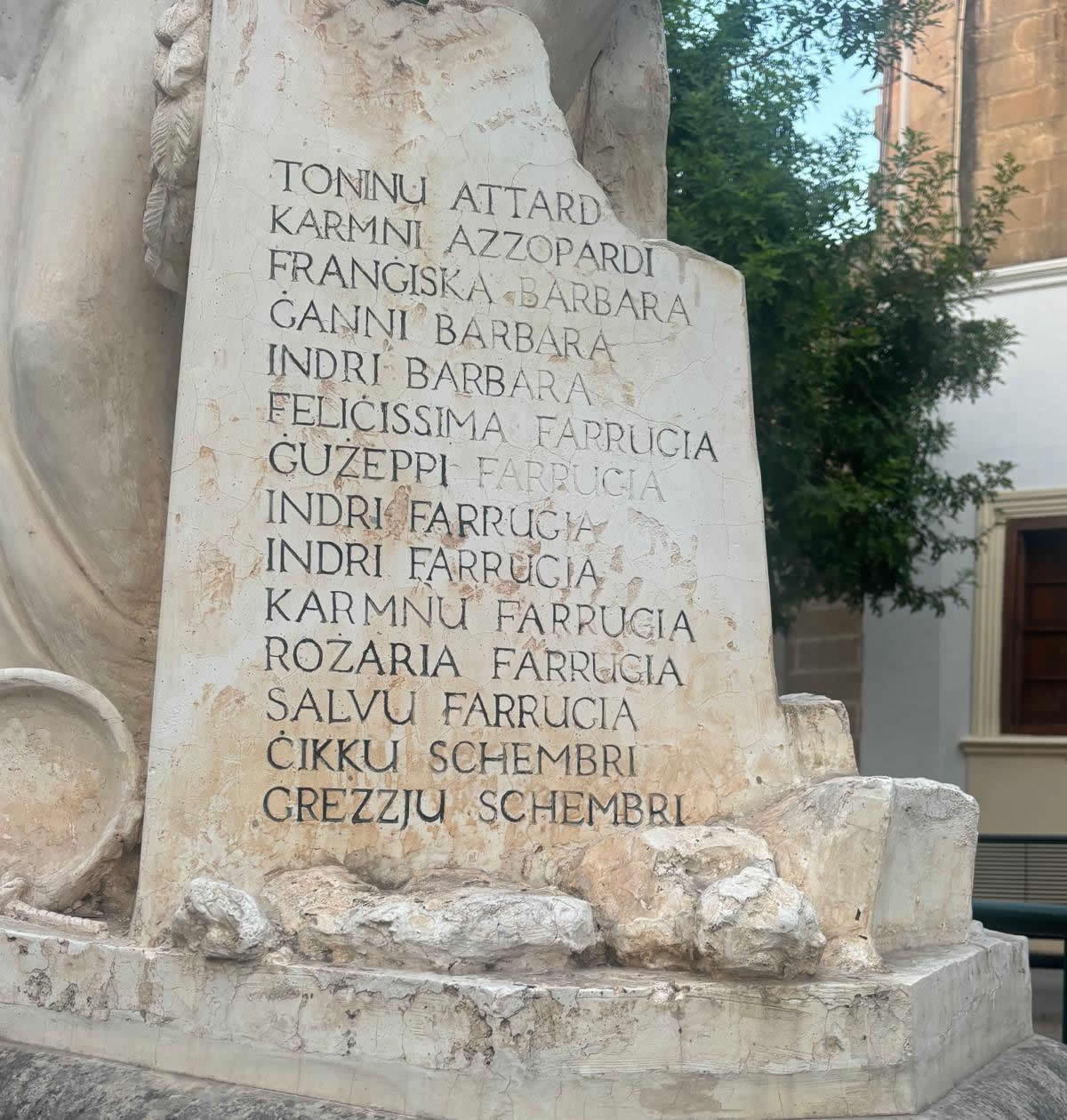 Close-up of the second panel of names on the Luqa World War II memorial