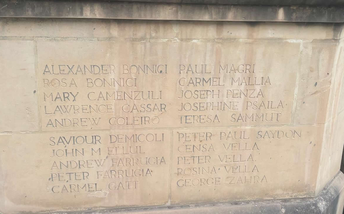 Close-up of the third panel of names on the Luqa World War II memorial