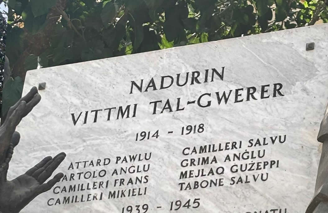 Close-up of the World War I plaque listing casualties from Nadur