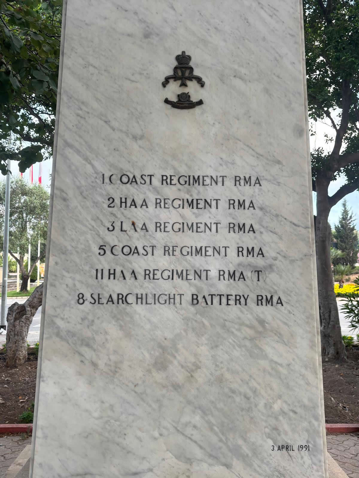Rear view of the Royal Malta Artillery Memorial listing participating regiments