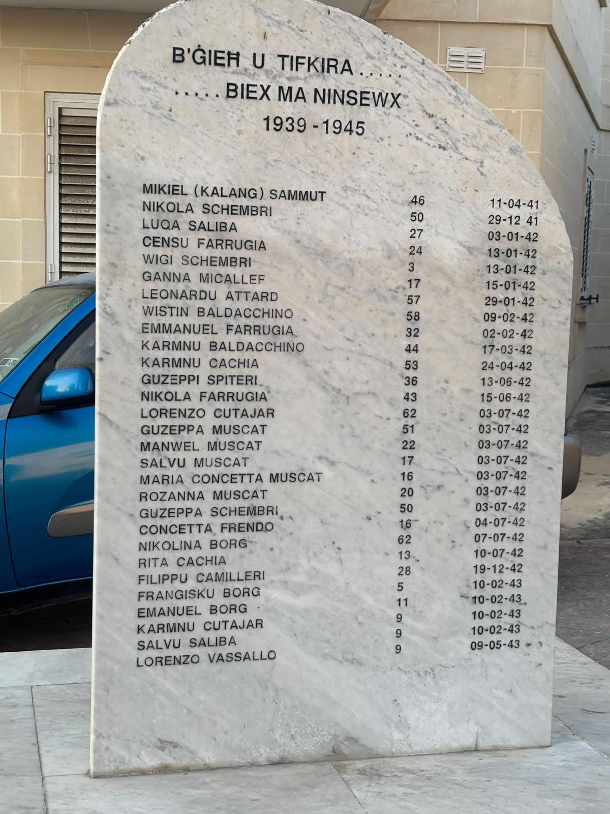 Close-up of the engraved casualty list on the Siġġiewi War Monument