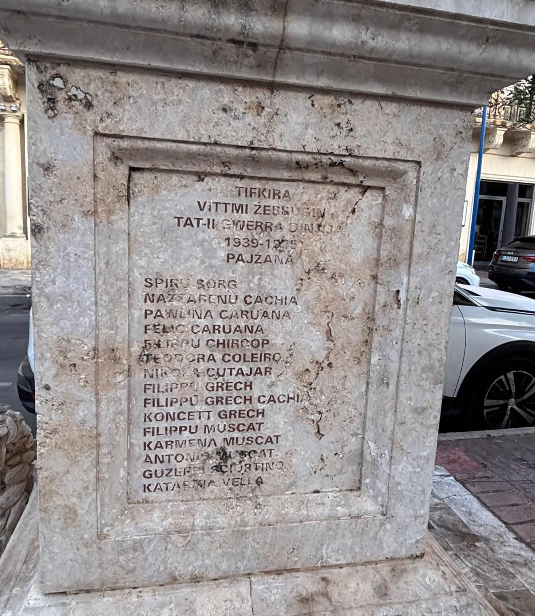 Inscribed Plaque listing WWII Civilian Victims of Ħaż-Żebbuġ