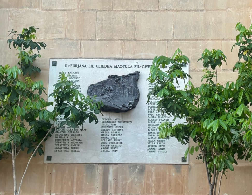 Floriana War Memorial plaque listing people killed during the Second World War