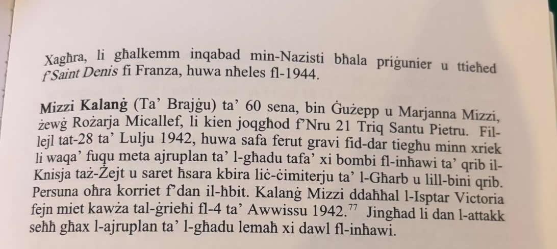Charles Bezzina Il-Vittmi Għawdxin tat-Tieni Gwerra – entry for Kalanġ Mizzi, Għarb war victim