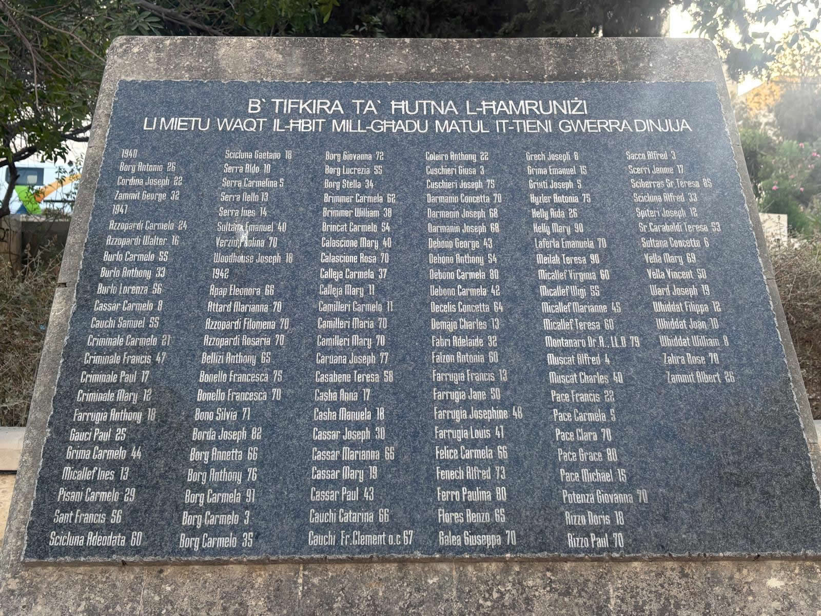 Close-up of the Ħamrun War Memorial list of victims