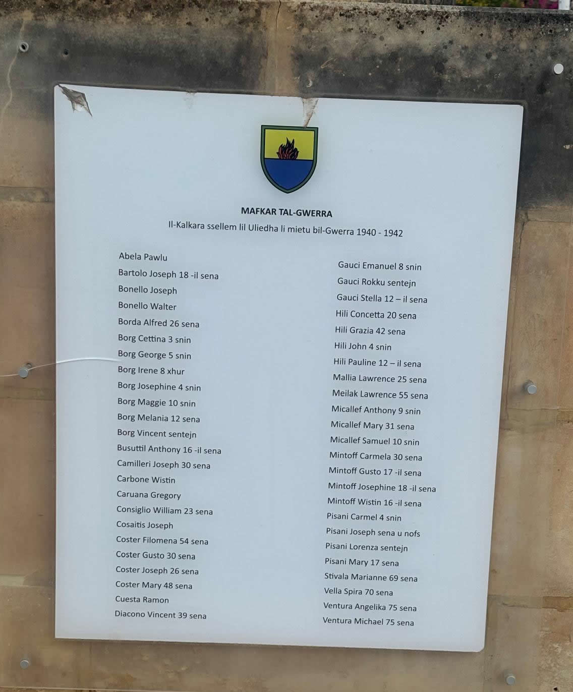 Kalkara War Memorial plaque listing the victims and their ages