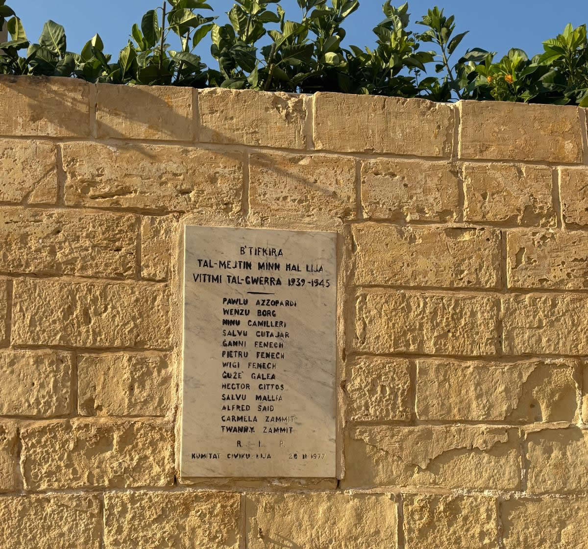Lija World War II civilian victims memorial plaque beside the parish church in Misraħ it-Trasfigurazzjoni, Malta