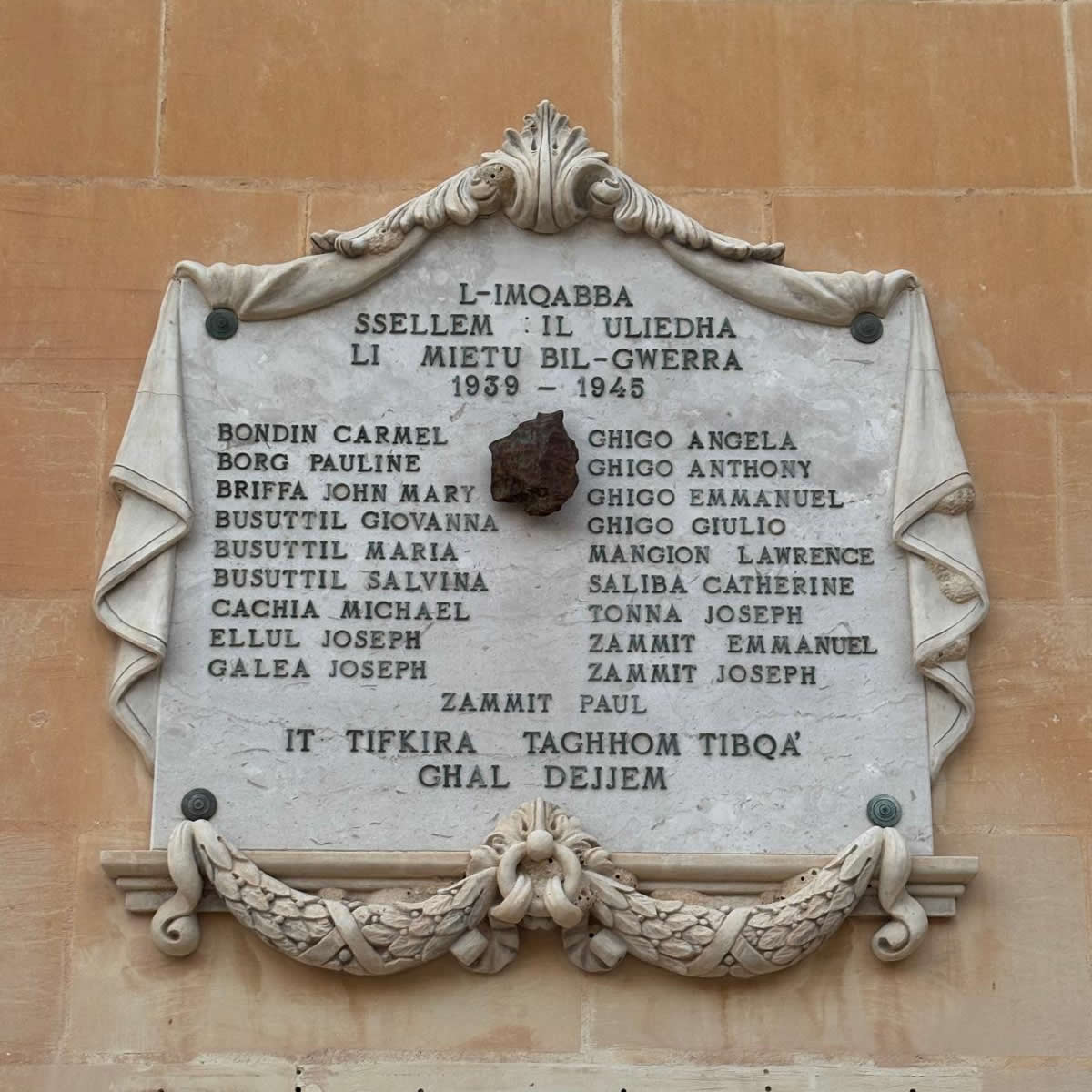 Original Mqabba Malta World War II memorial plaque listing the people who died during the war 1939–1945