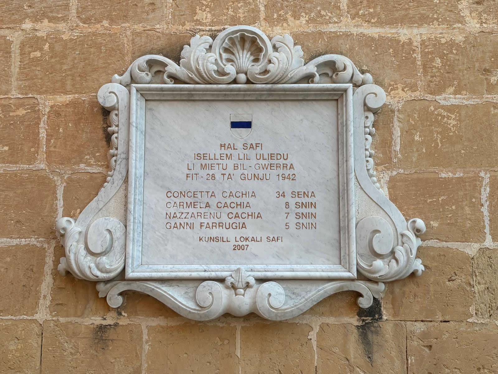 Safi Malta World War II War Memorial plaque commemorating four victims who died on 28 June 1942
