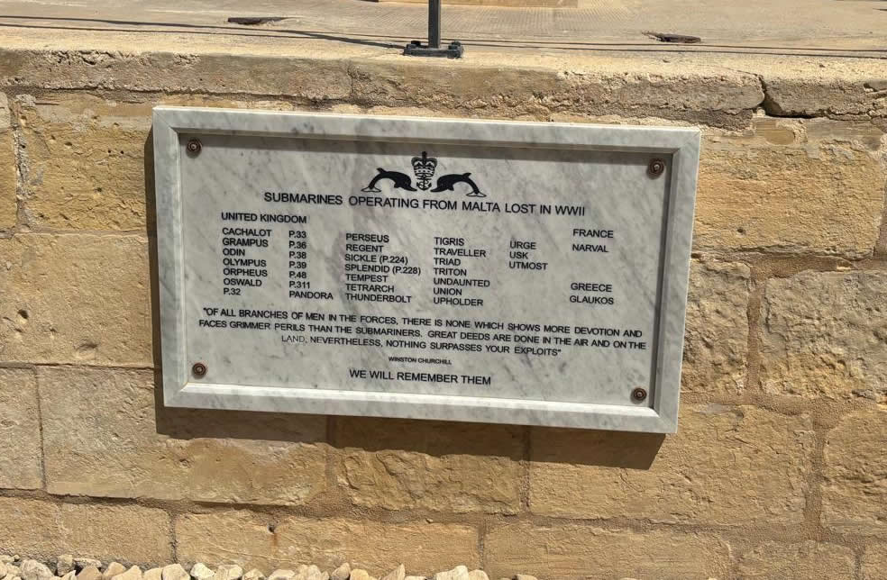 Submarines Operating from Malta Lost in WWII Roll of Honour Plaque at Fort St Elmo Valletta